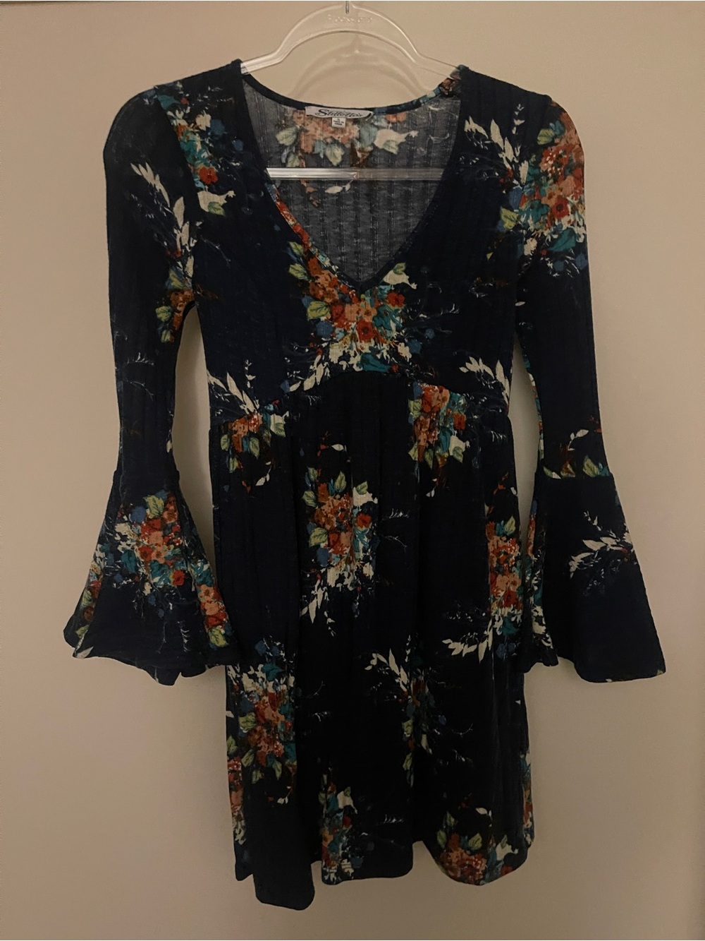 Women's Navy Floral V-Neck Bell Sleeve Dress